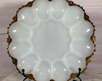 Milk Glass Egg Plate with Gold Trim