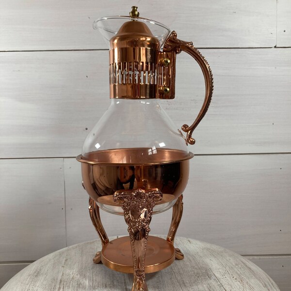 Vintage Copper & Glass Carafe with Warming Stand