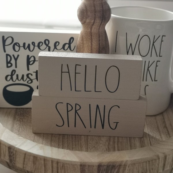 Hello Spring, Spring, Coffee Tiered Tray Decor/ Seasonal Wooden Mini Farmhouse Signs