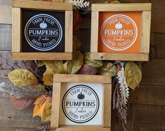 Farm Fresh Pumpkins, Autumn Mini 15cm square, Rustic, Farmhouse, Handmade Wood Signs. Tiered tray decor