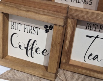 But First Coffee Mini 15cm square Sign, Kitchen Sign, Rustic, Farmhouse, Handmade Wood Signs. Tiered tray decor