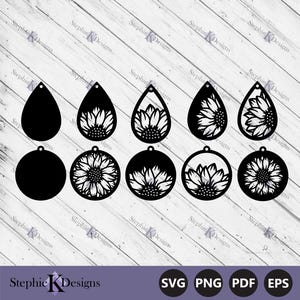 Sunflower Stacked Earrings Svg - Teardrop Earrings Svg - Faux Leather Earring Template - Sunflower Pendant - Cricut files - Instant Download