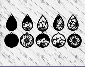 Sunflower Stacked Earrings Svg - Teardrop Earrings Svg - Faux Leather Earring Template - Sunflower Pendant - Cricut files - Instant Download