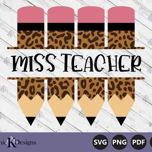 Leopard Pencil Monogram Svg - Teacher Pencil Svg - Teacher Shirt Svg - Split Monogram Svg - Cut File For Cricut - Instant Download