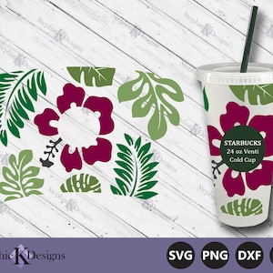 Hibiscus 24 oz Venti Cold Cup Full Wrap Svg - Tropical Cold Cup Wrap Svg - Flower Vinyl Wrap - Cut File For Cricut - Instant Download
