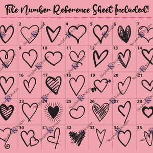 Puede incluir: Una hoja de referencia con 35 dise&ntilde;os de corazones dibujados a mano diferentes. Cada coraz&oacute;n est&aacute; numerado del 1 al 35. Los corazones son negros sobre un fondo rosa.