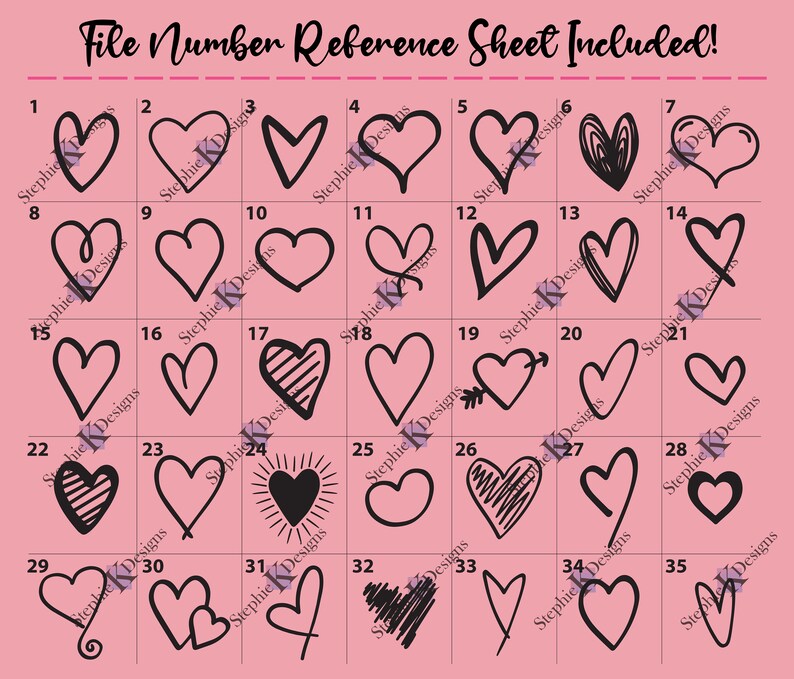 Puede incluir: Una hoja de referencia con 35 dise&ntilde;os de corazones dibujados a mano diferentes. Cada coraz&oacute;n est&aacute; numerado del 1 al 35. Los corazones son negros sobre un fondo rosa.