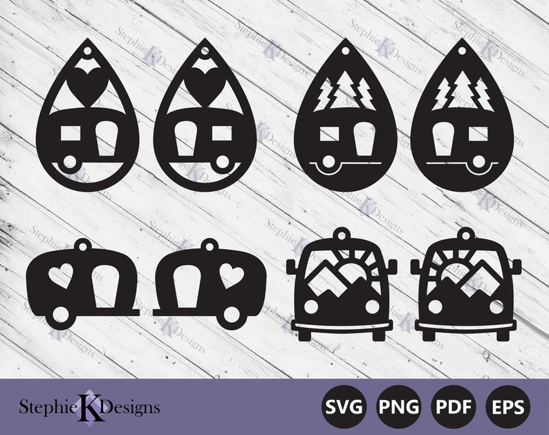 May include: A set of six black and white SVG cut files for crafting earrings and other projects. The designs feature a camper van with various details, including hearts, trees, and a mountain scene with a sun.