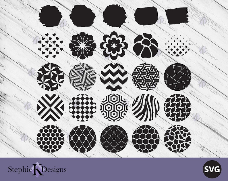 May include: A collection of black and white graphic design elements, including circles with various patterns like hearts, geometric shapes, and floral designs. Also included are brush stroke shapes. The image has the text "Stephie K Designs" and "SVG".