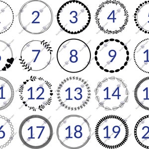 May include: Twenty black and white circle frames with numbers 1 through 20 inside each frame. The frames have different designs, including hearts, leaves, and dots.