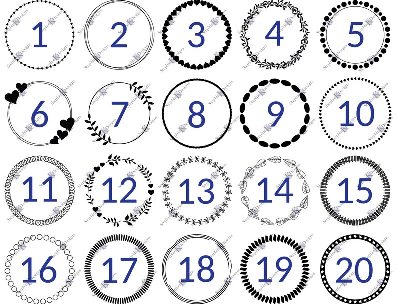 May include: Twenty black and white circle frames with numbers 1 through 20 inside each frame. The frames have different designs, including hearts, leaves, and dots.