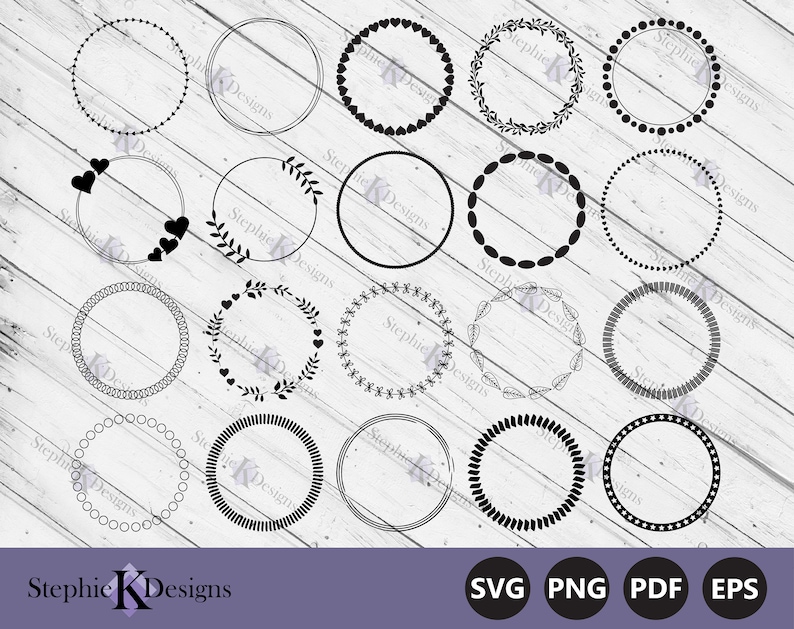 May include: Set of 12 black and white circle frame SVG cut files. The frames feature various designs, including hearts, leaves, dots, and lines.