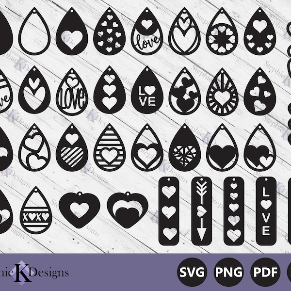 Valentine Earring Templates Svg - Hearts Svg - Faux Leather Earrings Svg - Teardrop Earrings Svg - Cut File For Cricut - Instant Download