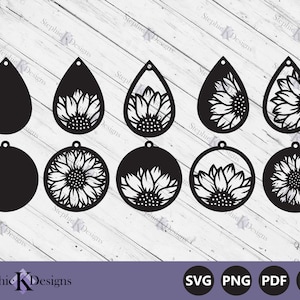 Boucles d'oreilles superposées tournesol Svg - boucles d'oreilles en forme de larme Svg - modèle de boucle d'oreille simili cuir - pendentif tournesol - fichiers Cricut - téléchargement immédiat