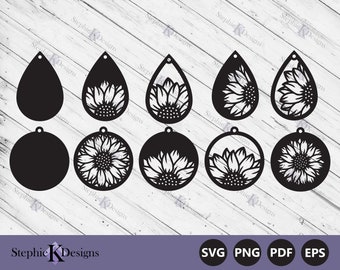 Sunflower Stacked Earrings Svg - Teardrop Earrings Svg - Faux Leather Earring Template - Sunflower Pendant - Cricut files - Instant Download