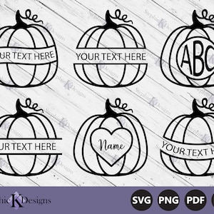 May include: Set of five black and white pumpkin outline SVG cut files. The pumpkins have different designs, including a banner that says "Your Text Here", a heart with the word "Name" inside, a monogram with the letters "ABC", and two more banners that say "Your Text Here".