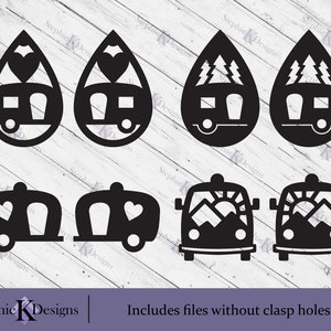 May include: Set of six black and white digital cut files for crafting. The files feature a camper van with different designs, including hearts, mountains, and trees. The text "Stephie K Designs" is visible at the bottom of the image.