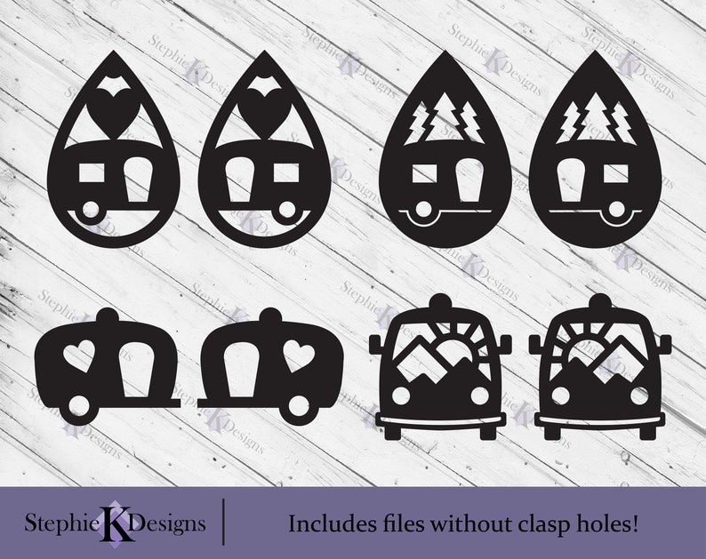May include: Set of six black and white digital cut files for crafting. The files feature a camper van with different designs, including hearts, mountains, and trees. The text "Stephie K Designs" is visible at the bottom of the image.