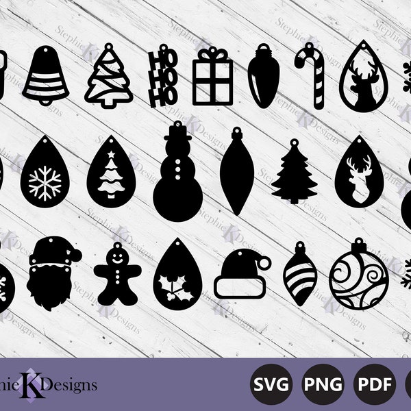 Plantillas de pendientes de Navidad Svg - Pendientes de piel sintética de Navidad Svg - Pendientes de gota de lágrima navideña - Archivos de corte de pendiente - Descarga instantánea