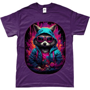 Camiseta Racoon, Cyberpunk, Guardianes de la Galaxia, Steampunk, Animal lindo, DJ, Camiseta Hip-hop, Neón, Retro, Camisa Vintage, Rocket Racoon Purple