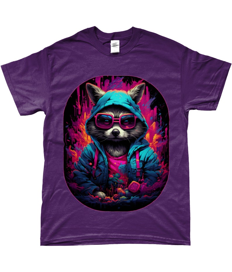 Camiseta Racoon, Cyberpunk, Guardianes de la Galaxia, Steampunk, Animal lindo, DJ, Camiseta Hip-hop, Neón, Retro, Camisa Vintage, Rocket Racoon Purple