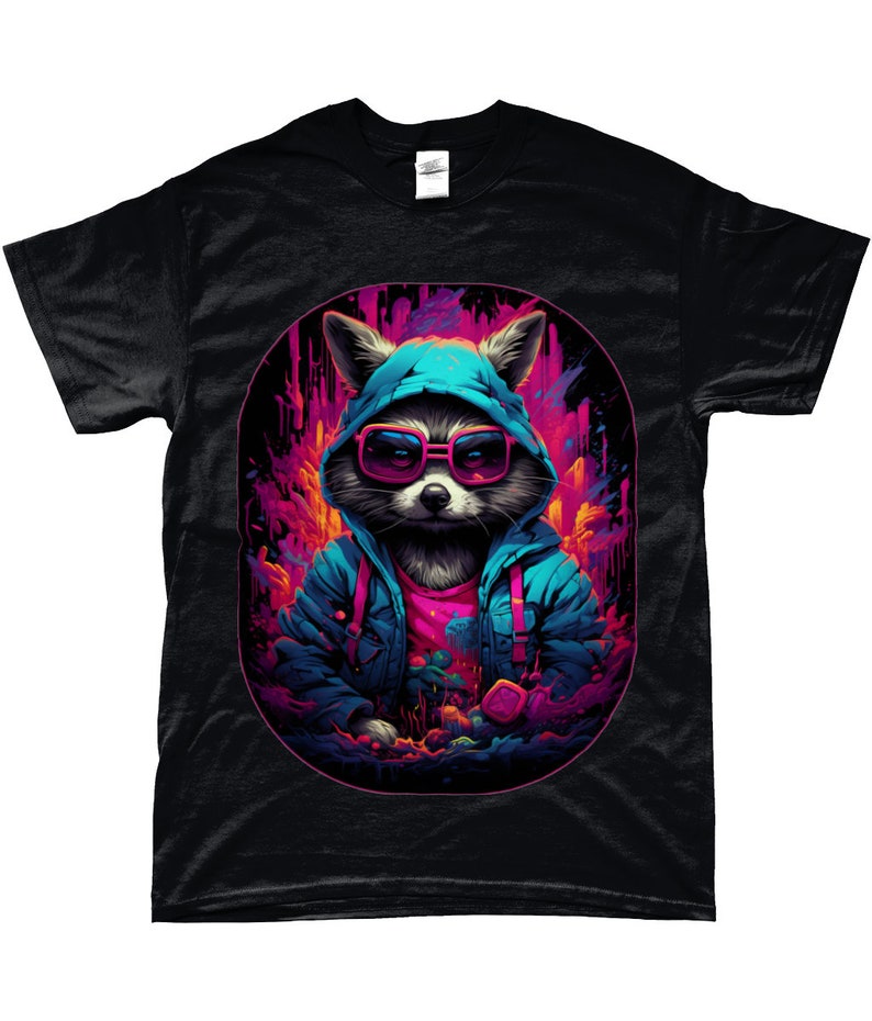 Camiseta Racoon, Cyberpunk, Guardianes de la Galaxia, Steampunk, Animal lindo, DJ, Camiseta Hip-hop, Neón, Retro, Camisa Vintage, Rocket Racoon Black