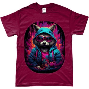 Camiseta Racoon, Cyberpunk, Guardianes de la Galaxia, Steampunk, Animal lindo, DJ, Camiseta Hip-hop, Neón, Retro, Camisa Vintage, Rocket Racoon Cardinal Red