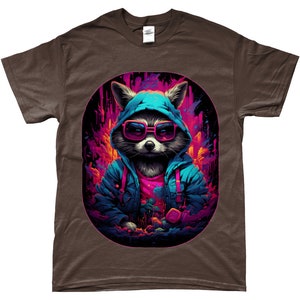 Camiseta Racoon, Cyberpunk, Guardianes de la Galaxia, Steampunk, Animal lindo, DJ, Camiseta Hip-hop, Neón, Retro, Camisa Vintage, Rocket Racoon Dark Chocolate