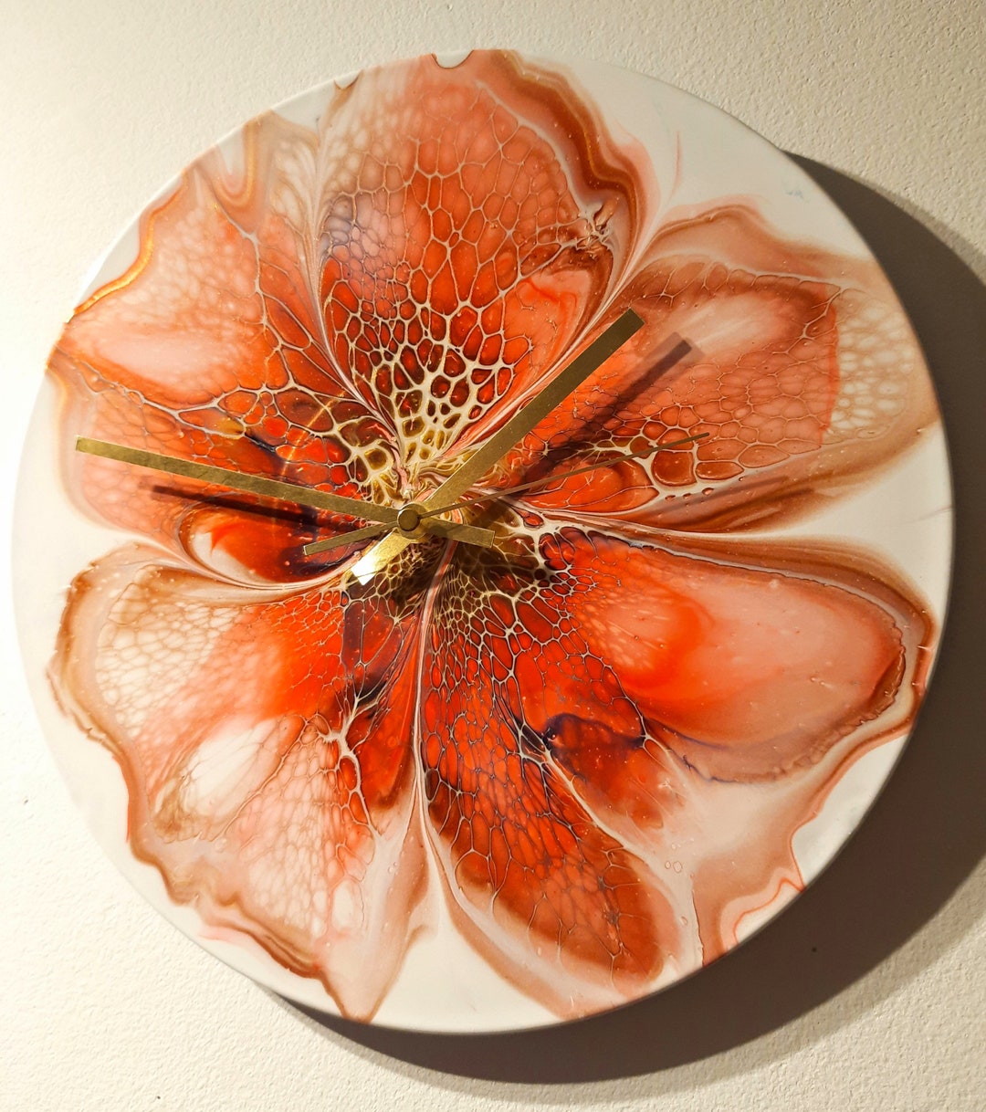 Red and Gold Wall Clock Red Flower Wall Clock Gold Wall Etsy
