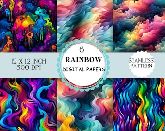 6 x Diseño de impresión digital sin costuras Rainbow, Papeles de neón, Diseño de neón, Papeles de arco iris, Patrón de arco iris, Fondo de pantalla, Papel de scrapbooking, Orgullo