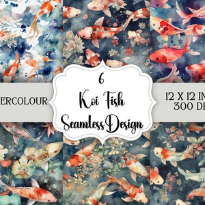 Peut inclure: Six motifs sans couture aquarelle représentant des poissons koï nageant dans un fond bleu et blanc avec des fleurs roses et blanches. Les motifs mesurent 30,48 cm sur 30,48 cm et 300 DPI.