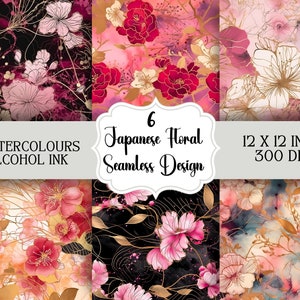 May include: Six seamless digital paper designs featuring watercolour floral patterns in shades of pink, red, and gold. The designs are 12 inches by 12 inches and 300 DPI.