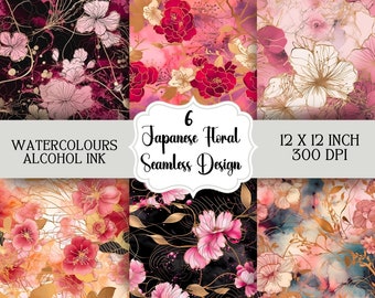 Patrón floral sin costuras, flores de acuarela japonesas, flores de tinta de alcohol, diseños de telas, scrapbooking digital, álbum de recortes, papel tapiz floral