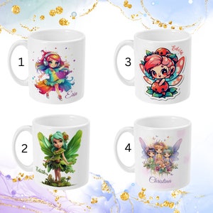 May include: Four white ceramic mugs with colorful fairy illustrations and personalized names. The mugs feature a rainbow fairy, a green fairy, a red fairy, and three fairies with purple wings. The names on the mugs are Erin, Edith, Edith, and Christina.