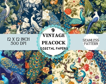 9 x papeles digitales Vintage Peacock, patrón sin costuras, colores de pavo real, diseño de pavo real, plumas de pavo real, patrón de pavo real, fondo de pantalla, álbum de recortes