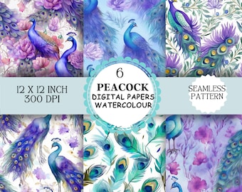 6 x diseño de impresión digital sin costuras de pavo real, papeles de pavo real de acuarela, diseño de pavo real, plumas de pavo real, patrón de pavo real, papel pintado, álbum de recortes