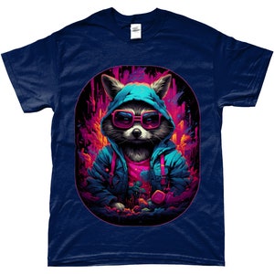 Camiseta Racoon, Cyberpunk, Guardianes de la Galaxia, Steampunk, Animal lindo, DJ, Camiseta Hip-hop, Neón, Retro, Camisa Vintage, Rocket Racoon Navy