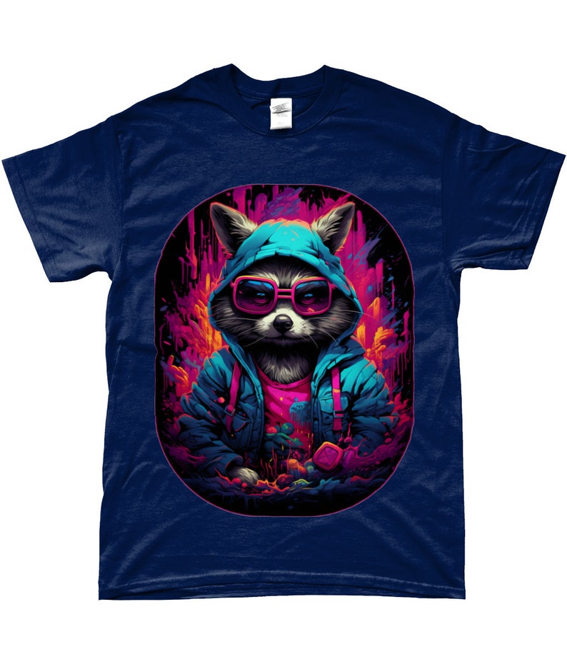 Camiseta Racoon, Cyberpunk, Guardianes de la Galaxia, Steampunk, Animal lindo, DJ, Camiseta Hip-hop, Neón, Retro, Camisa Vintage, Rocket Racoon Navy