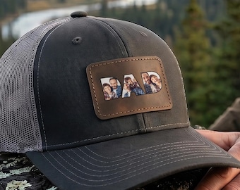 Personalized DAD Photo Trucker Hat, Custom Leather Patch Cap for Husband, Fathers Day Gift for Dad, Custom Picture Hat from Kids