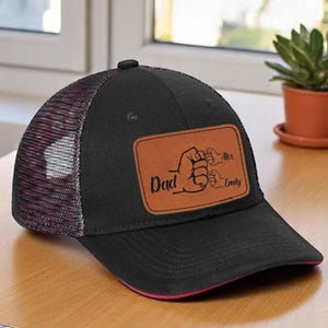 Father Son Daughter Fist Engraved Leather Patch Cap, Custom Fathers Day Gifts, Dad and Kids Names Engraved Hat, Mesh Back Adjustable Dad Cap