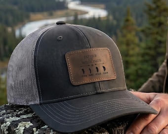 Personalized Fathers Day Caps for Him, Father of The Wildling Engraved Faux Leather Patch Cap, Richardson Snapback Trucker Hat for Dad