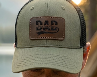 Personalized DAD Engraved Leather Patch Cap with Kids Names, Unique Fathers Day Gift, Snapback Richardson 112 Trucker Cap for Husband