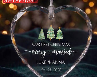 First Christmas Married Ornament, Watercolor Trees Custom Couple Keepsake, Mr and Mrs Acrylic Ceramic Glass Bauble