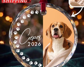 Personalized Pet Photo Ornament with Paw Prints, Custom Dog Cat Picture Keepsake, Acrylic Ceramic Glass Xmas Bauble