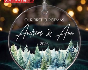 Winter Forest First Christmas Married Ornament, Custom Couple Names Keepsake, Acrylic Ceramic Glass Newlywed Bauble