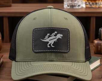 Personalized Dadsaurus Engraved Richardson 112 Hat, Custom Dinosaur Dad Trucker Cap, Fathers Day Faux Leather Patch Gift for Daddy Papa