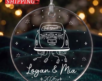 Just Married Getaway Car Christmas Ornament, Custom Line Art Wedding Keepsake, Couple Acrylic Ceramic Glass Bauble