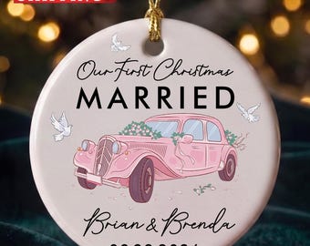 Pink Vintage Car First Christmas Married Ornament, Custom Wedding Keepsake, Newlywed Acrylic Ceramic Glass Bauble