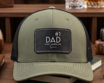 Number 1 Dad Engraved Richardson 112 Hat, Fathers Day Gift for Dad, Personalized Engraved Faux Leather Patch Trucker Cap for Daddy Papa
