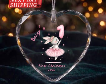 Baby Girl First Christmas Name Ornament 2026, Personalized Bunny With Pink Tutu & Number Balloon Ornament Newborn First Year Tree Decoration